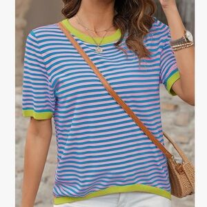 Viral Amazon Striped Blue and Pink sweater tee. Worn once. Excellent condition.